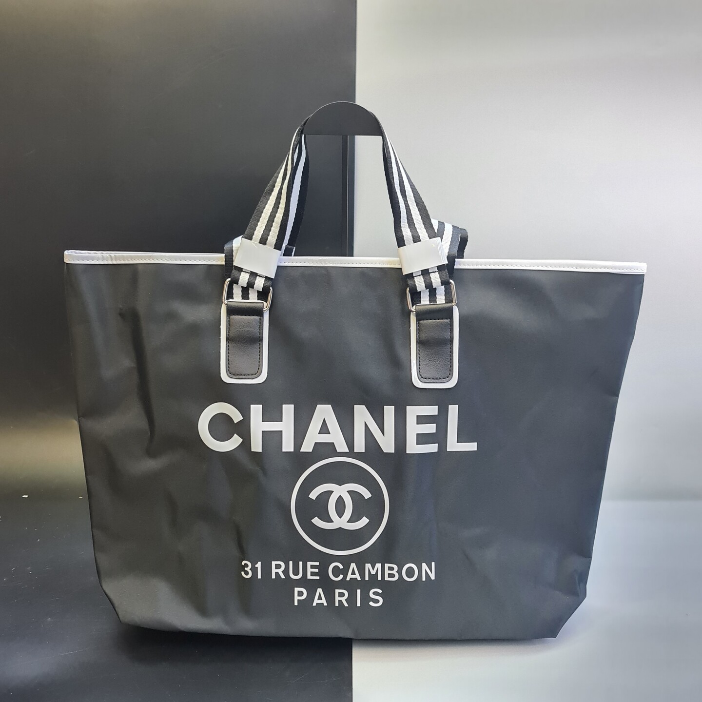 Chanel windows line here mark tote bag handbag canvas black cream